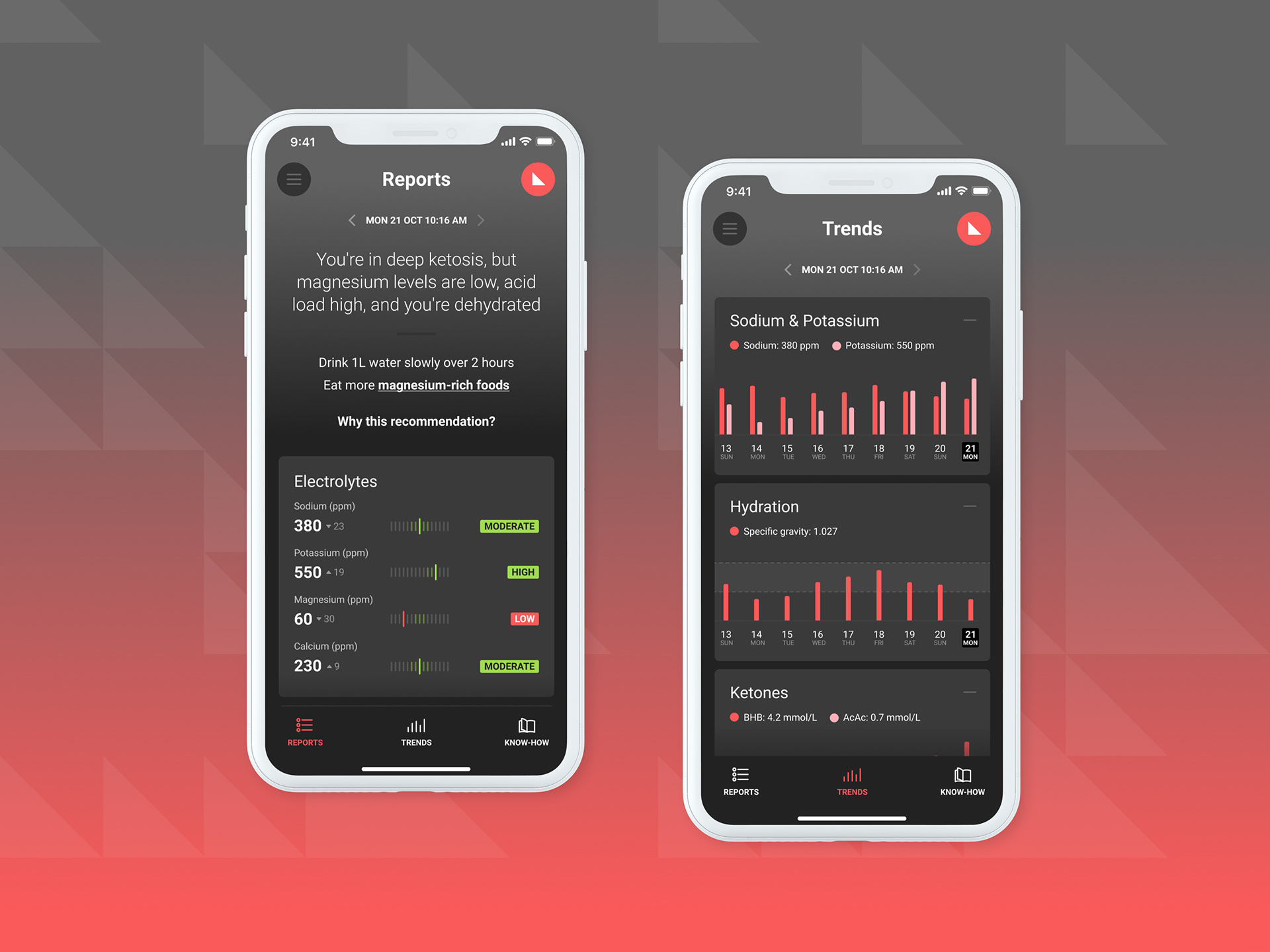 2 iPhones showing Reports and Trends screens of Bisu app
