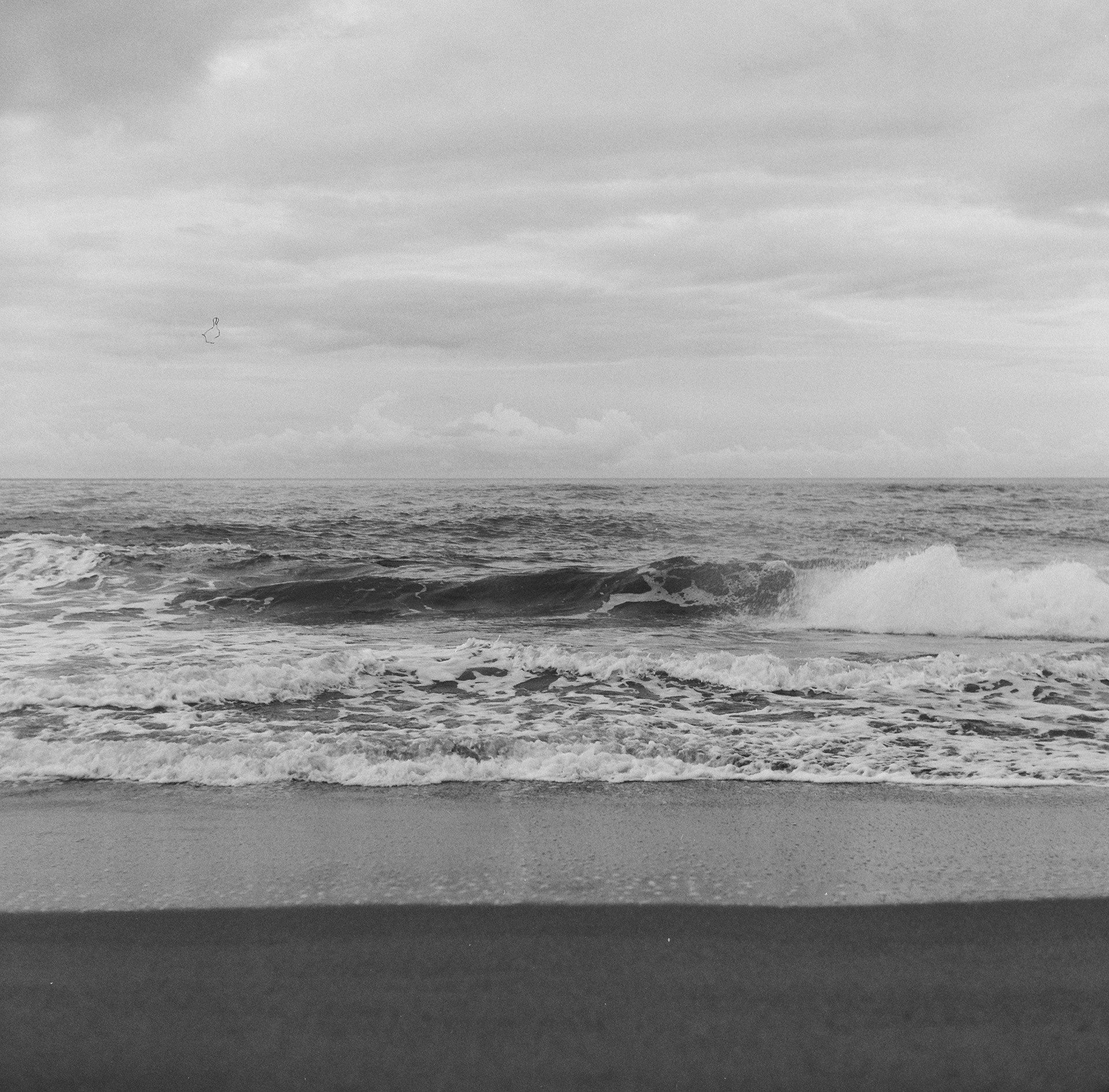 foto in bianco e nero del mare in una giornata invernale con molto vento e pioggia