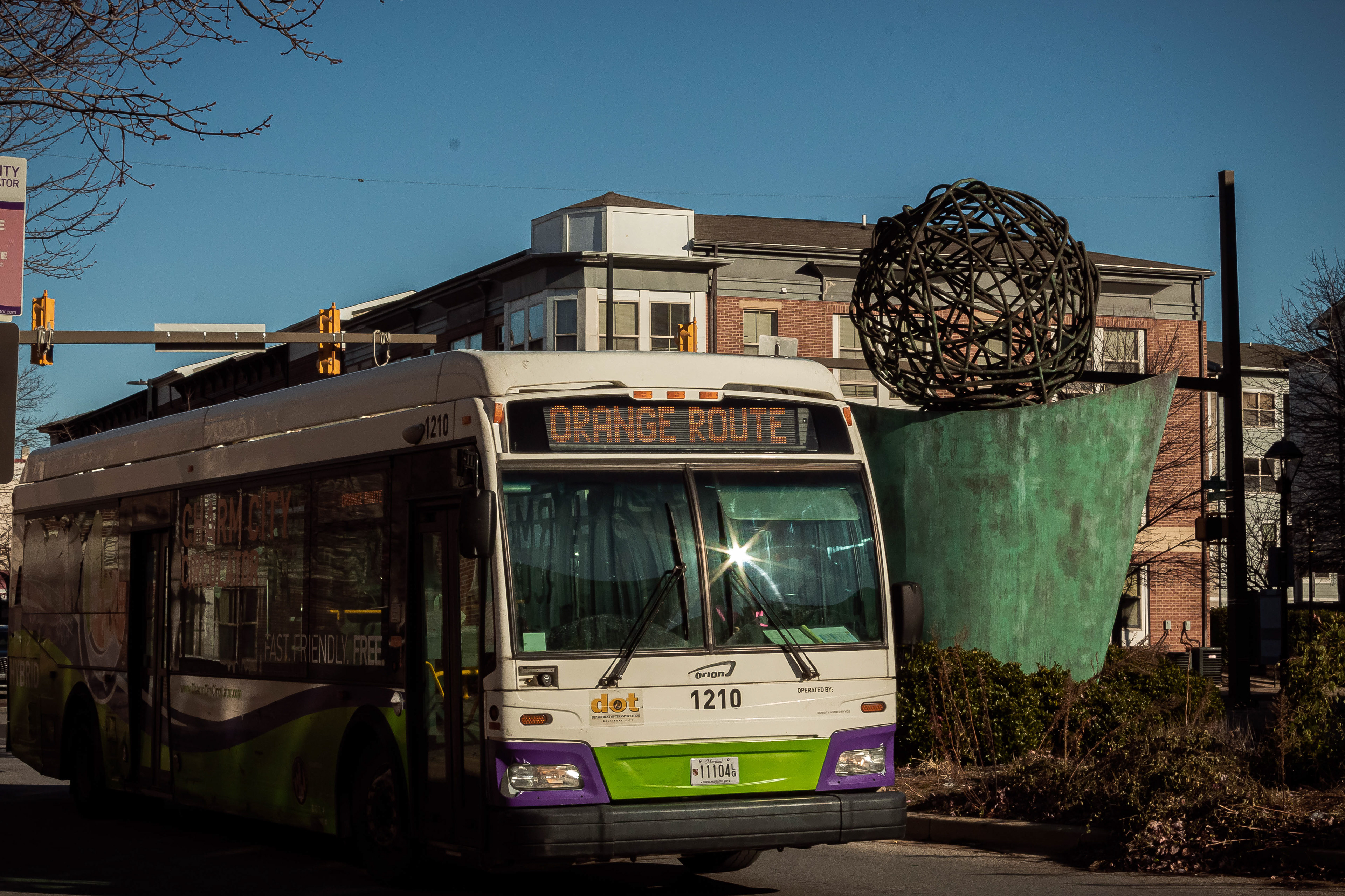 The Orange Route is one of the Charm Link buses. Charm Link bus system is privately funded and provides citizens with free transporation throughtout downtown Baltimore.