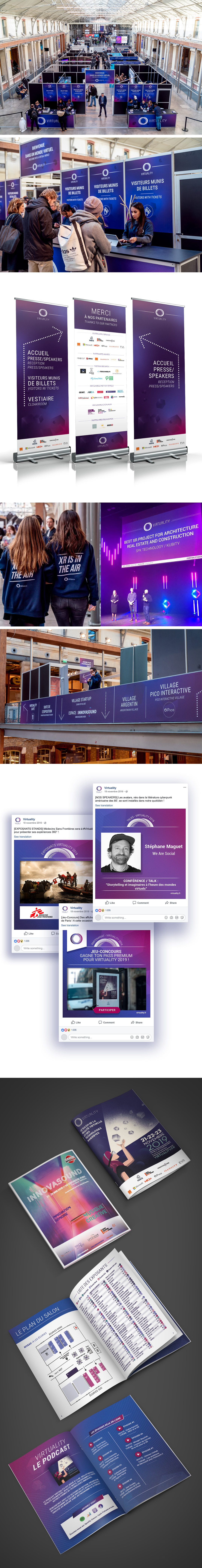 Photos montrant une vue d'ensemble du salon Virtuality, salon des technologies immersives. On voit les éléments de signalétiques réalisés pour l'occasion comme des kakémonos. L'identité visuelle est déclinée sur les différents supports de communication : posts facebook, sweat-shirts, programme du salon...