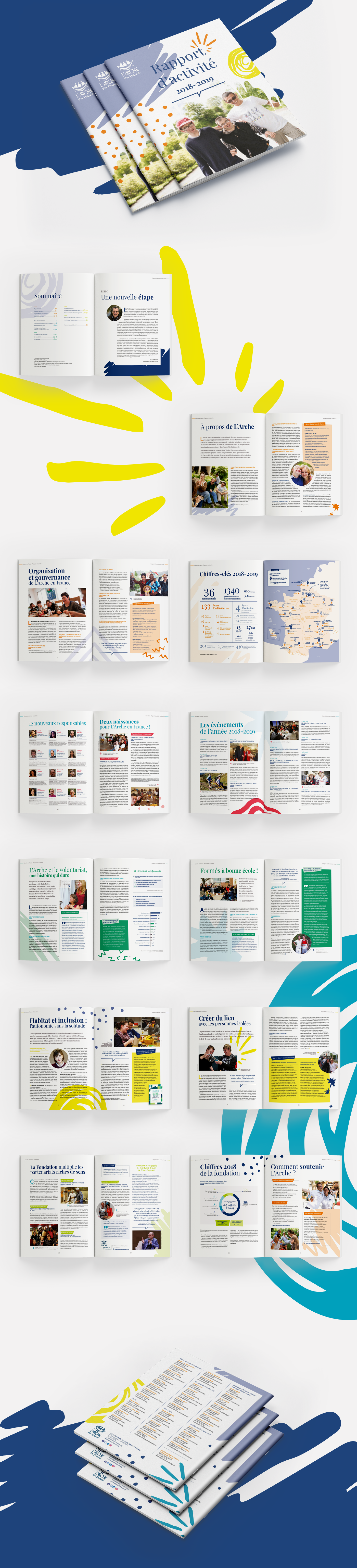Maquette du rapport d'activité 2018-2019 de L'Arche en France. La couverture et les pages intérieures sont présentées afin de mettre en valeur la direction artistique.