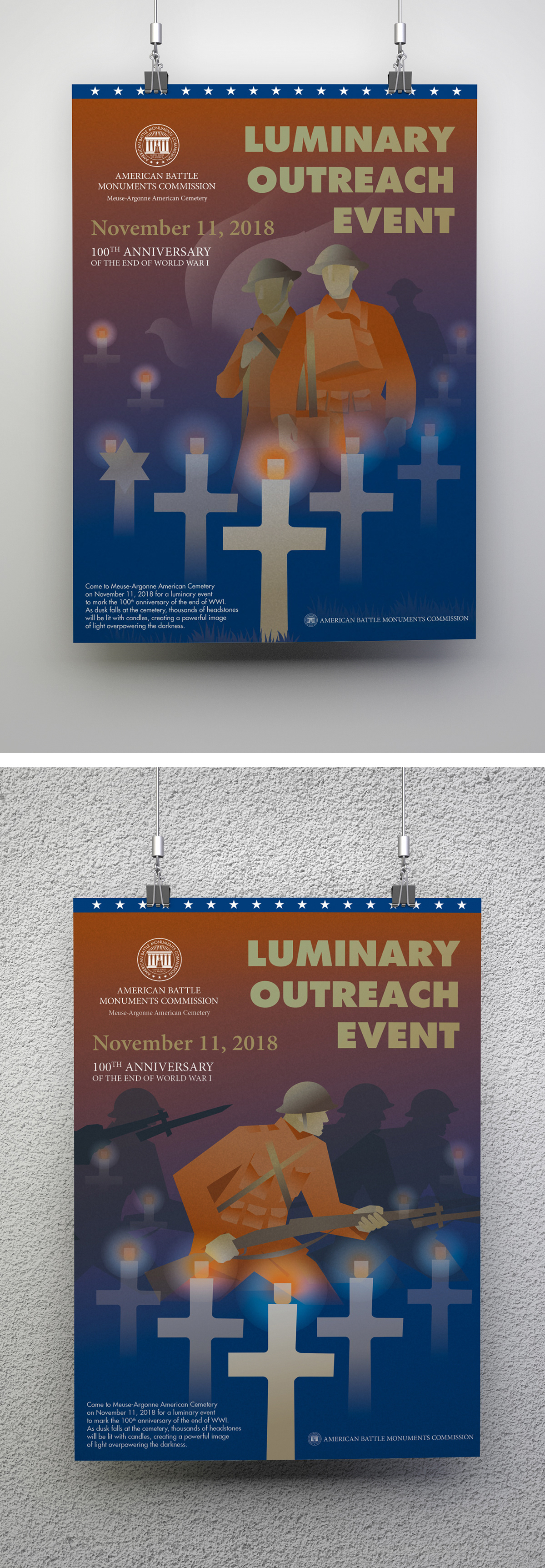 Mises en situation des affiches réalisées pour l'American Battle monuments commission. Les illustrations vectorielles montrent des soldats américains de la première guerre mondiale dans un cimetière.