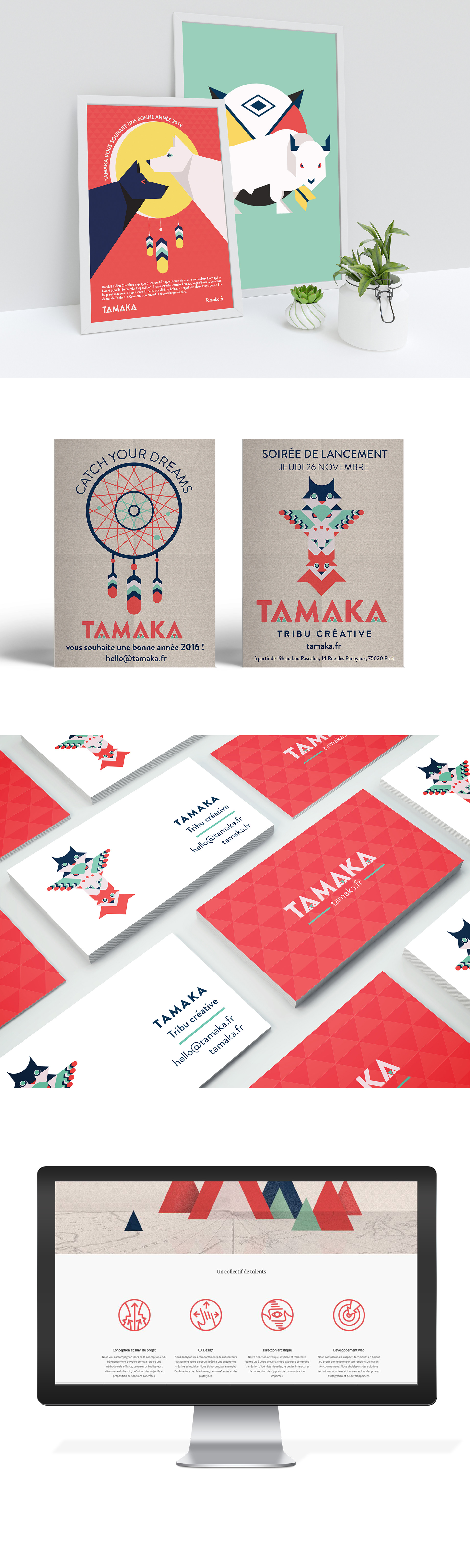 Supports de communication réalisés pour Tamaka. Flyers avec des illustrations vectorielles, affiches, cartes de visite,  pictorgrammes pour le site Internet.
