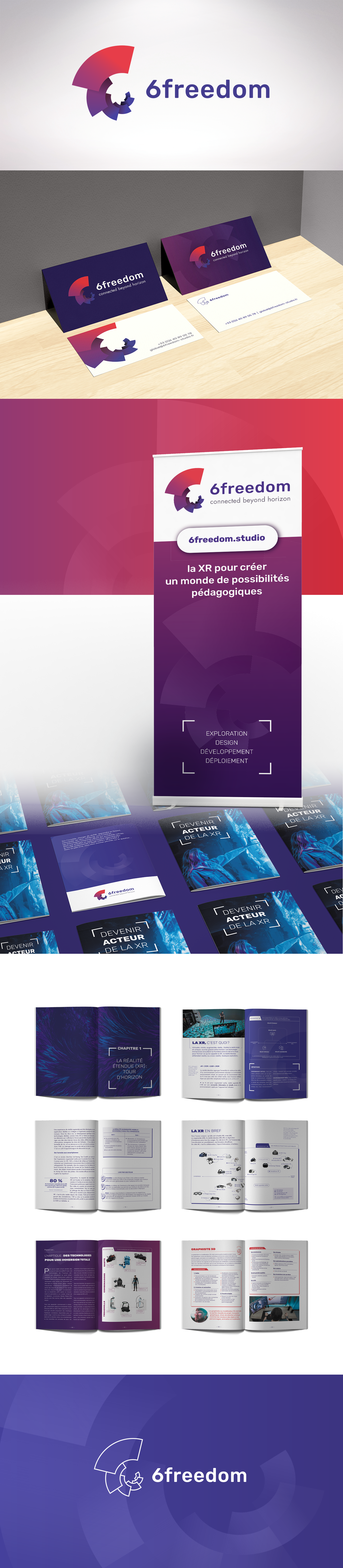 Présentation de la charte graphique réalisée pour 6freedom. L'identité visuelle est déclinée sur le logo, les cartes de visite, les kakémonos, un livre blanc.