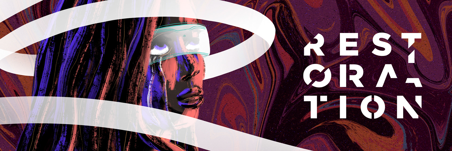 ID: horizontal film poster with a girl who has wavy, blue/purple + red hair/complexion, VR white glasses, and a tear streaming down the left eye on the left, along with the title, RESTORATION, on the right all behind a hazy, psychedelic red/black background.