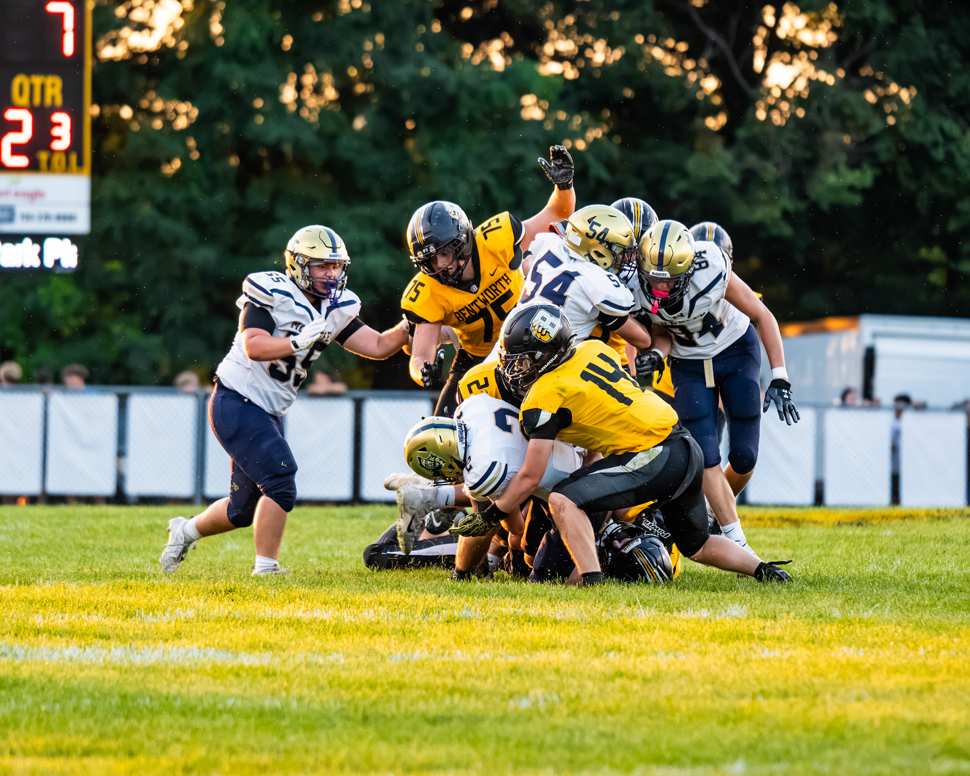 Bentworth defenders converge on a McGuffey ball carrier during a game Friday, Aug. 28, 2026, at Ellsworth Athletic Field in Bentleyville, Pa.