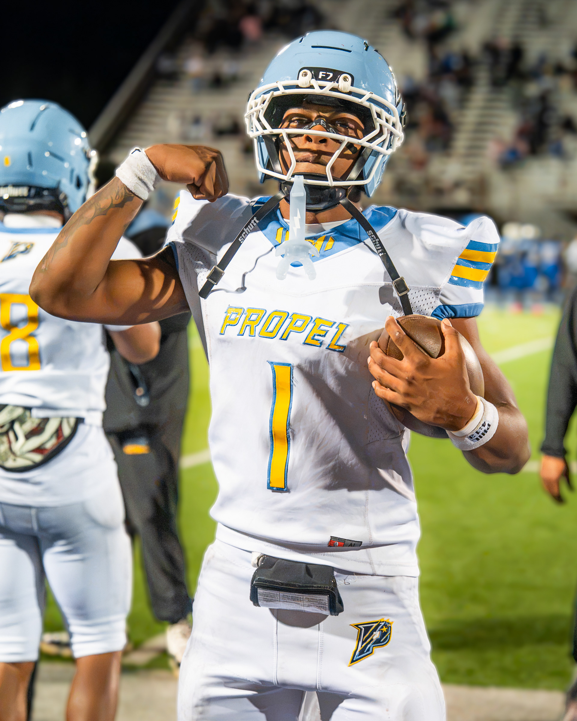 Propel Braddock Hills' Gabe Jenkins (1) celebrates his touchdown during a game against West Mifflin on Friday, Oct. 9, 2026, at West Mifflin Area High School.