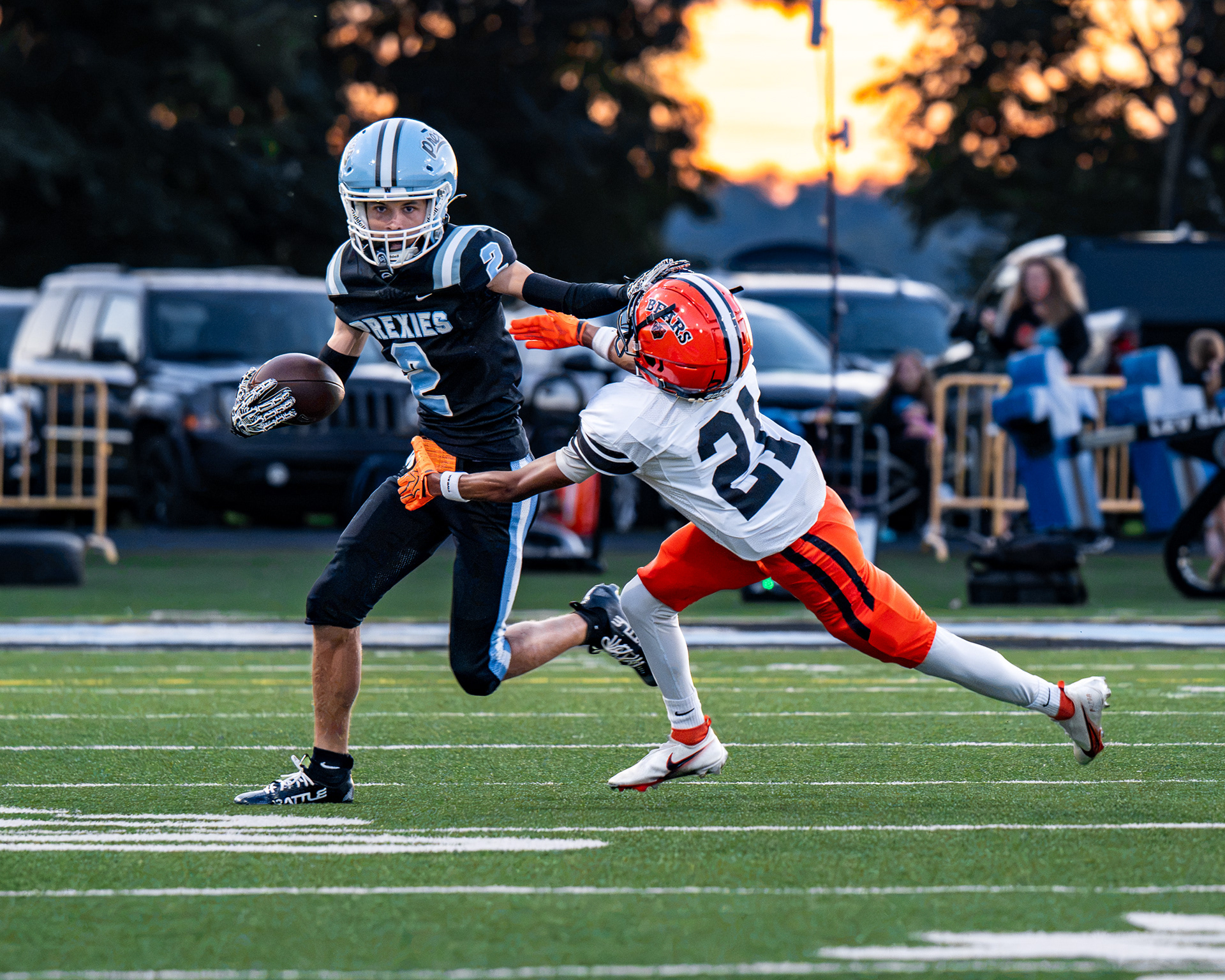 Washington High School Sophmore JaQuay Heyman (2) stiff arms Clairition High School Junior Jaymon Biggs (21) on Sept. 25 2026 at Washington High School during the Wash High vs Clairiton game.