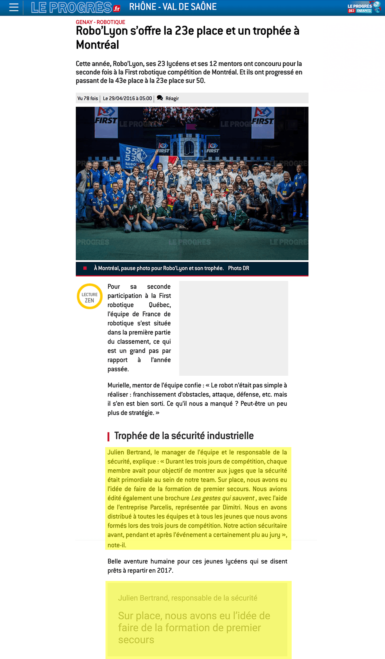 LE PROGRÈS, 29 avril 2016