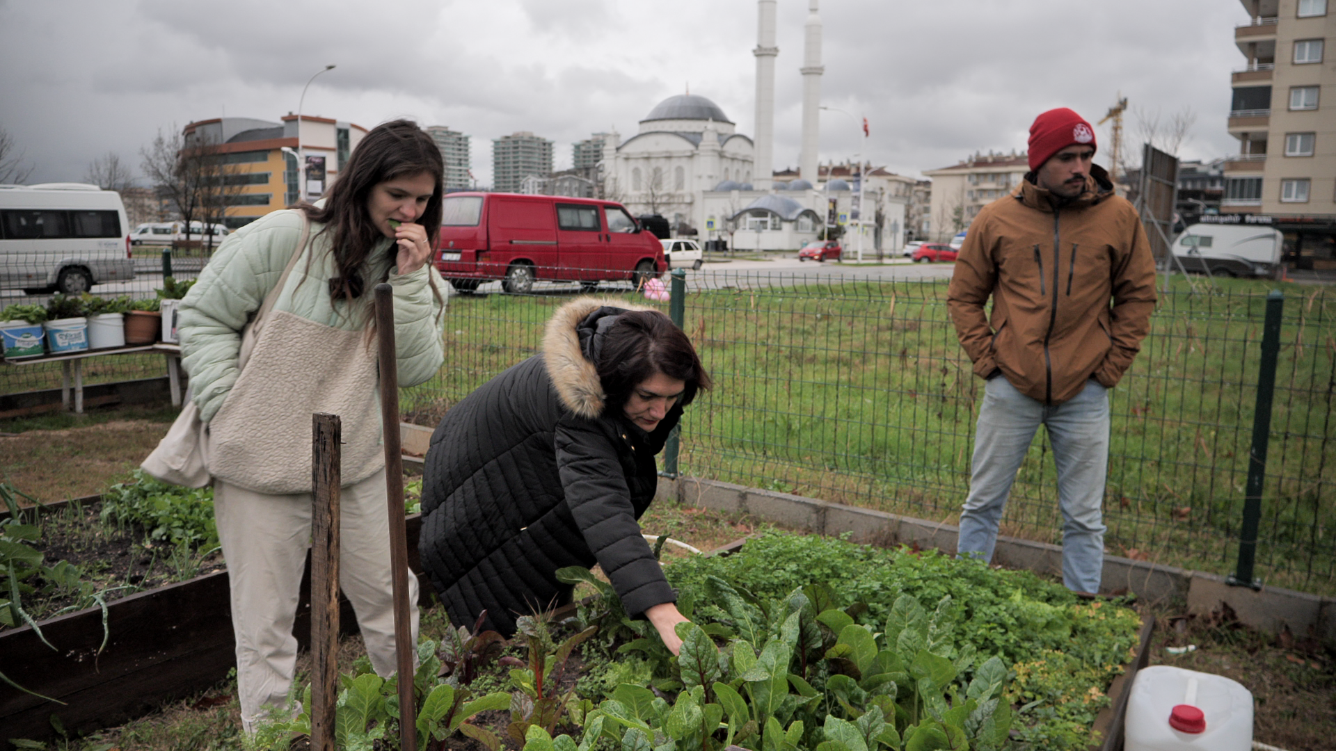 Jardins partagés d’Altınşehir. Laurine Argentin, Melahat Şanal, Pierre-Luc Alonso (de gauche à droite).