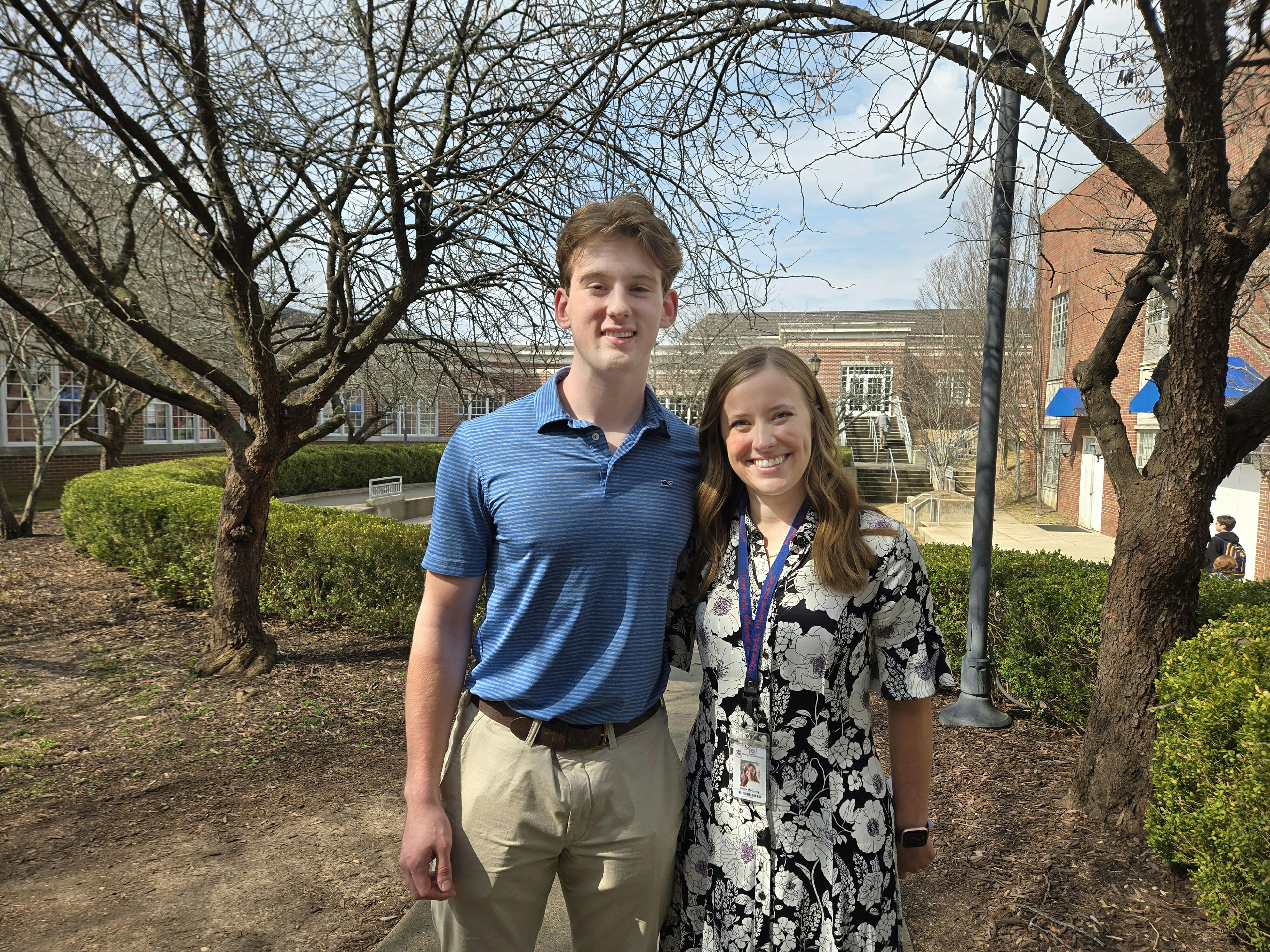 My adviser, Mrs. Ginny McCarley, and I pose for a photo after she and THSPA director Jimmy McCollum surprised me with a video presentation to congratulate me on my naming as H.L. Hall Outstanding Student Journalist of the Year. I don't think I stopped smiling for the whole day. (Photo Courtesy of MUS Communications)