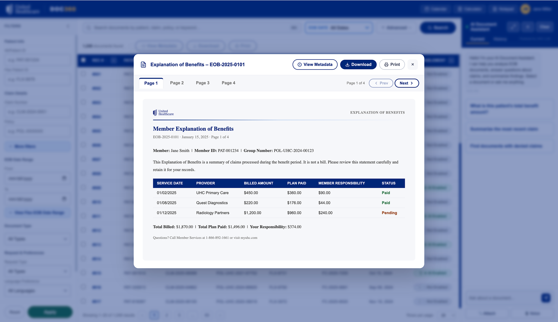 If the user wishes to view it in full, they have the option to do so along with other actions such as download, print, view metadata, and exit.