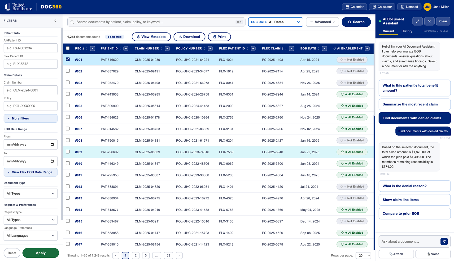 The AI Document Assistant has preloaded questions and can assist the user as needed.