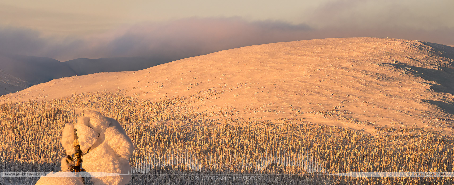 Orange and yellow sunset casting a warm glow over the snowy landscapes of Pallas-Yllästunturi National Park.