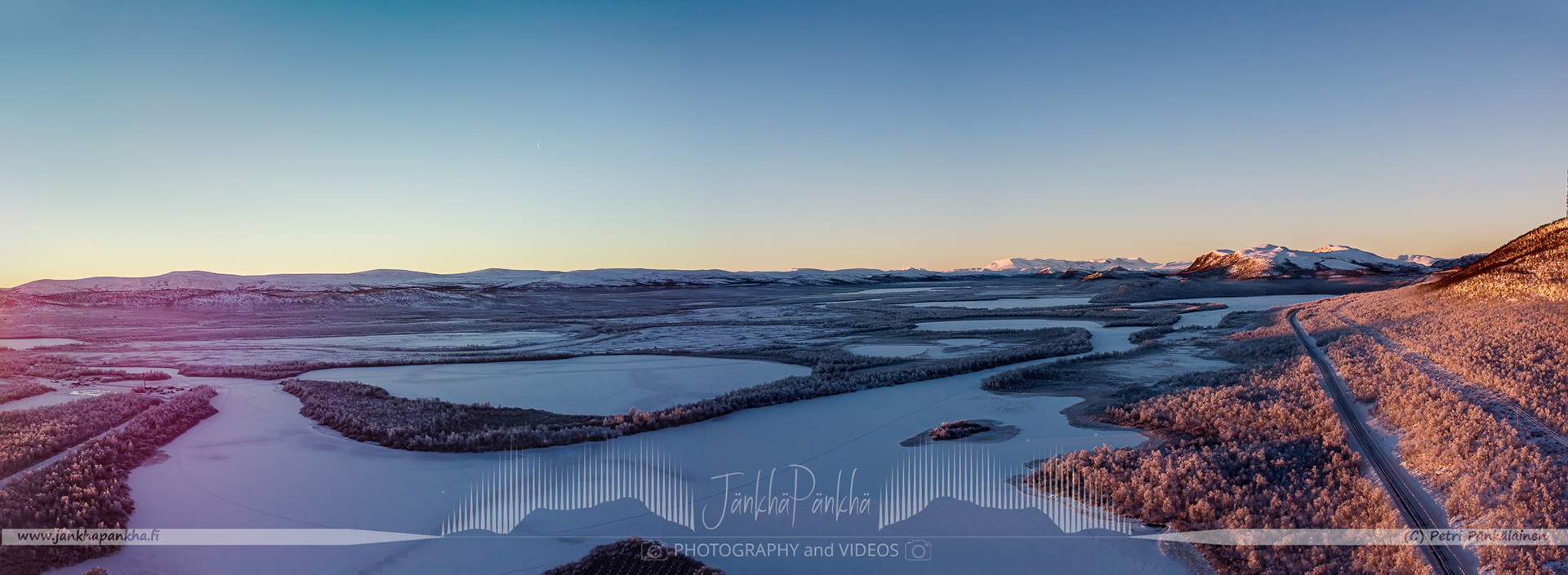 Road E8 towards the Kilpisjärvi at the sunset. The fells in the horizon are from the Swedish Lapland.