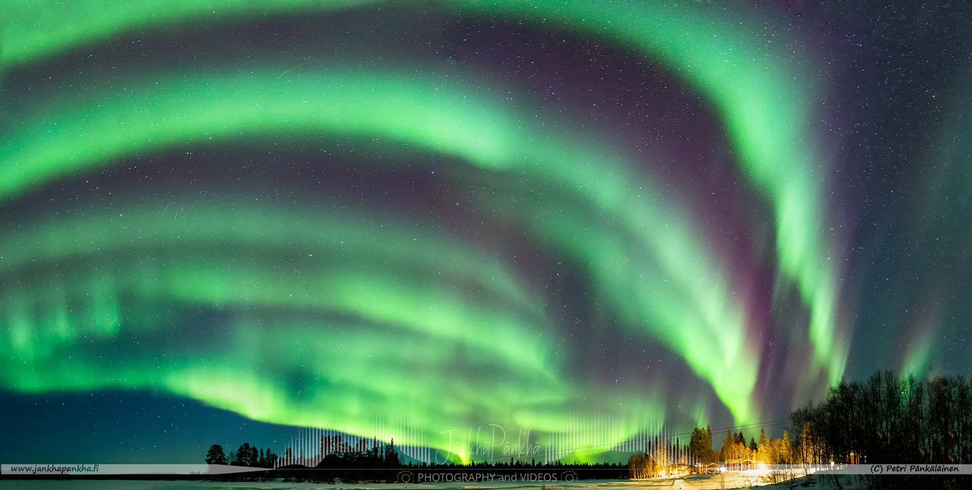 Full sky purple and green aurora borealis in Ylikyrö, Enontekiö, Finland. This is a composition of three photos. The accomodation service in Raattama, Porotilamajoitus Autto, can enjoy these lights very often.