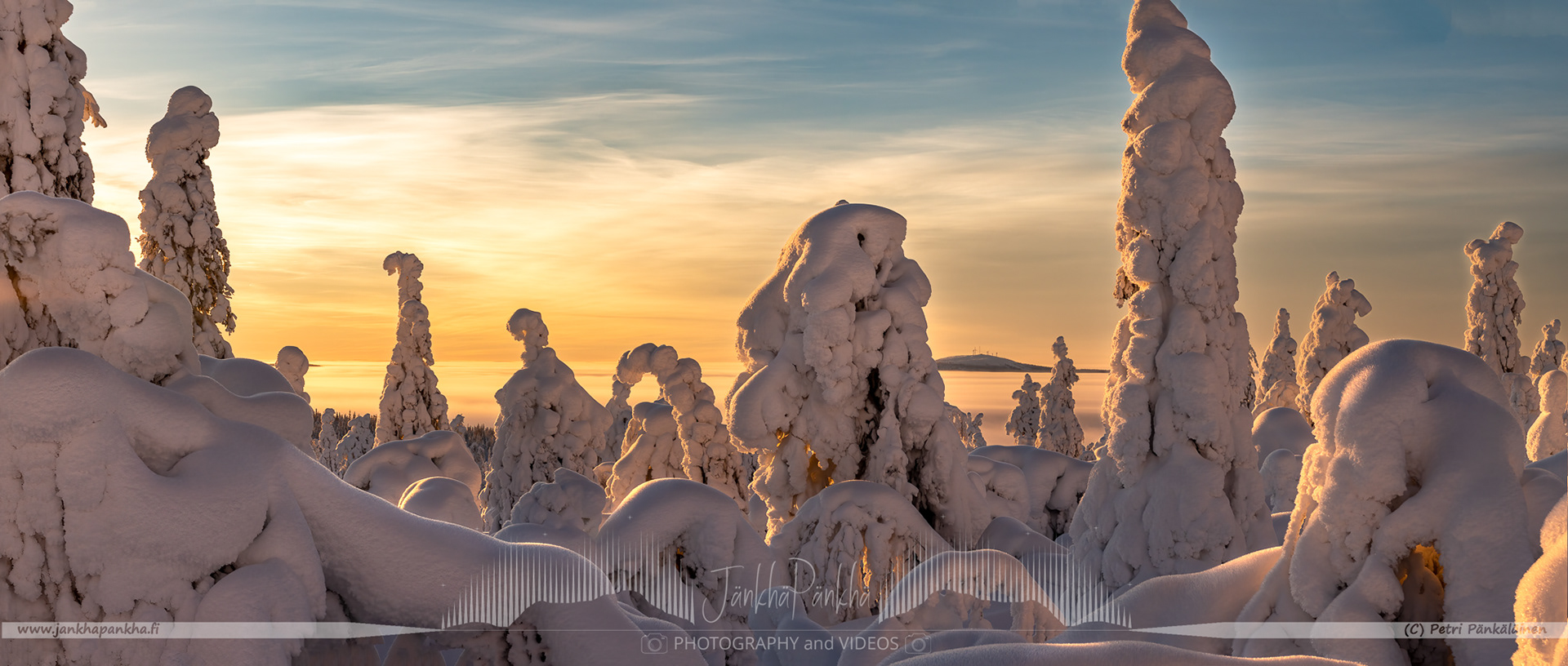 Stunning view of a sunset with pastel colors over the snowy fells and candle spruces in Pallas-Yllästunturi.