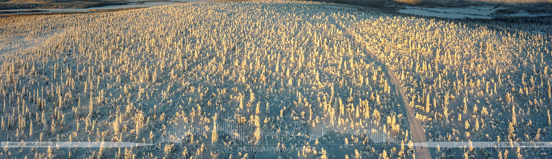 Orange and yellow sunset casting a warm glow over the snowy landscapes of Pallas-Yllästunturi National Park.