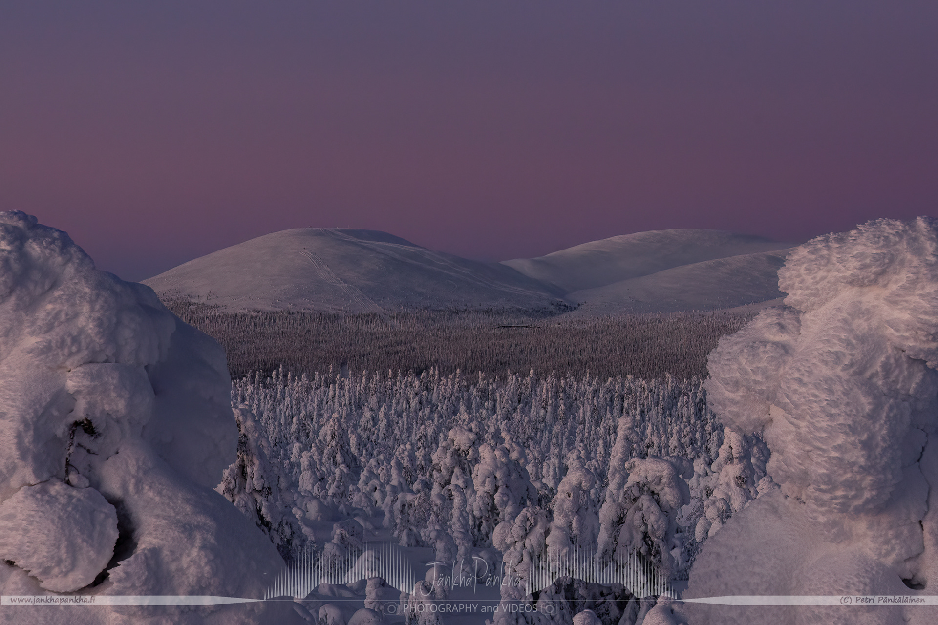 Lapland Hotels Pallas, Hotelli Pallastunturi, seen from Mustavaara. The forest is covered with the crownsnow load.