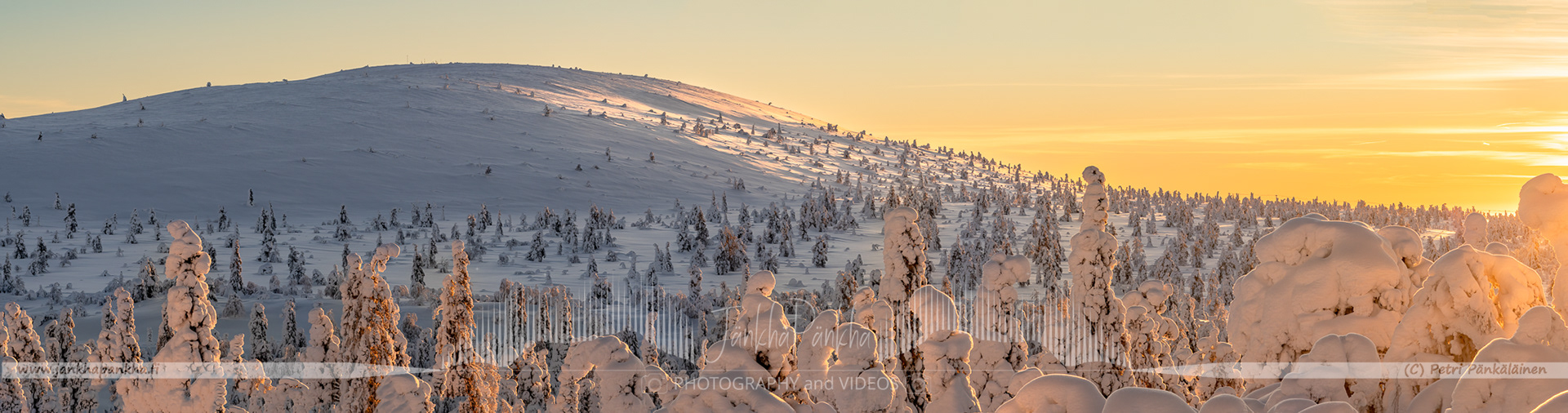 Winter sunset casting a warm glow over the snow-covered Sammaltunturi fell in Pallas-Yllästunturi National Park, Lapland