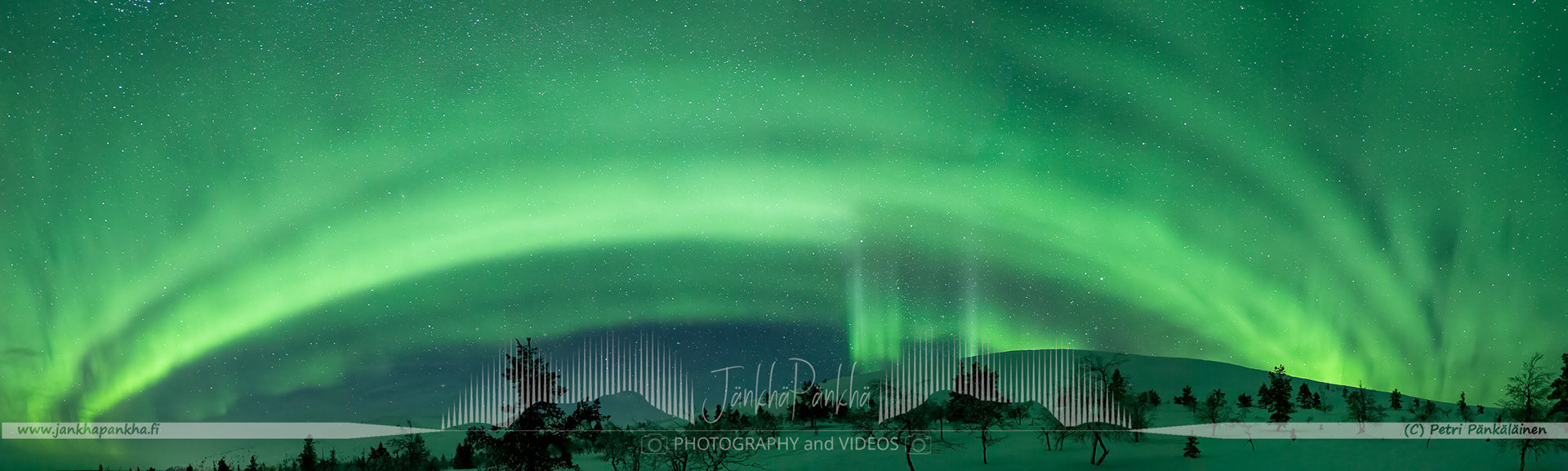 Northern lights over the snowy fell and forest in Lapland., Finland. 