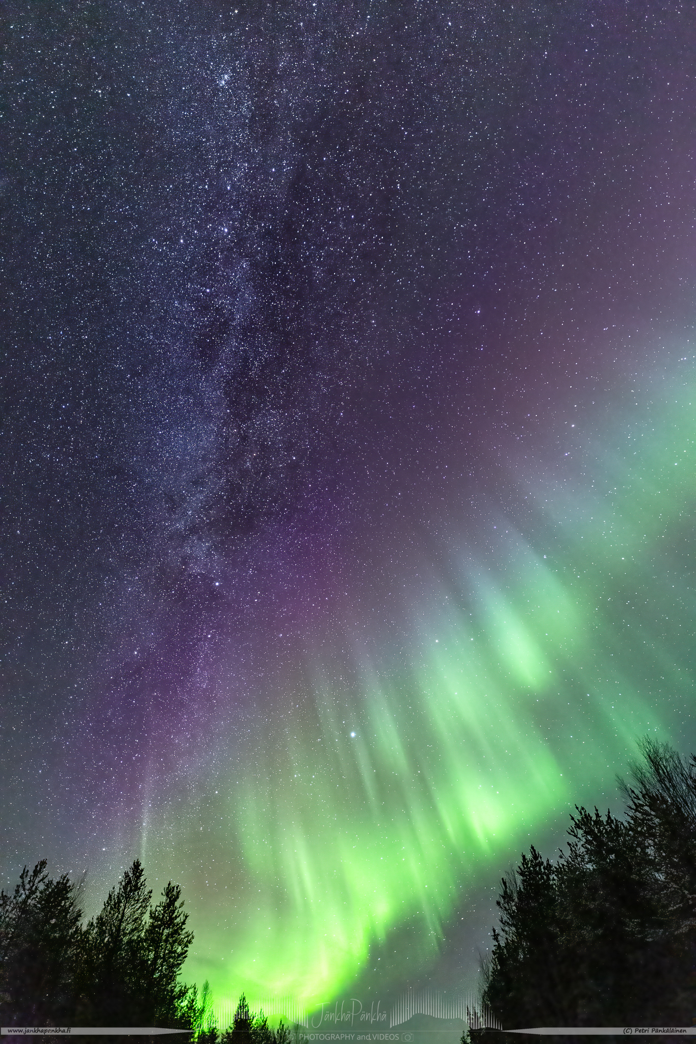 Dark nightsky with full of stars, the Milkyway and active northern lights nearby the fell Aakenustunturi, Kittilä in Finland.