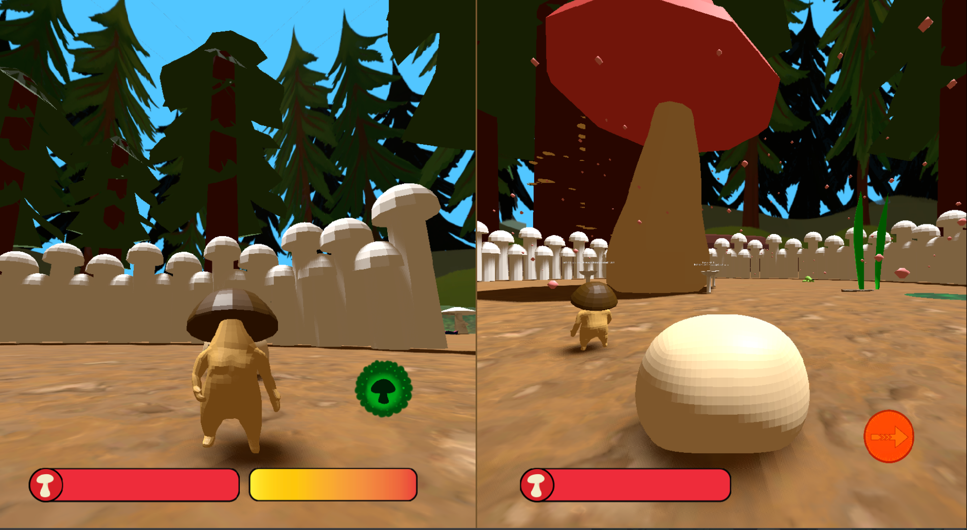 Bugshroom is a 2-player couch co-op game where you and your friend play as little mushroom creatures. You must go out into the scary forest and discover what it has to offer. Fight bugs, do parkour, and find collectibles. Be careful though, the local wildlife has a taste for fungi.