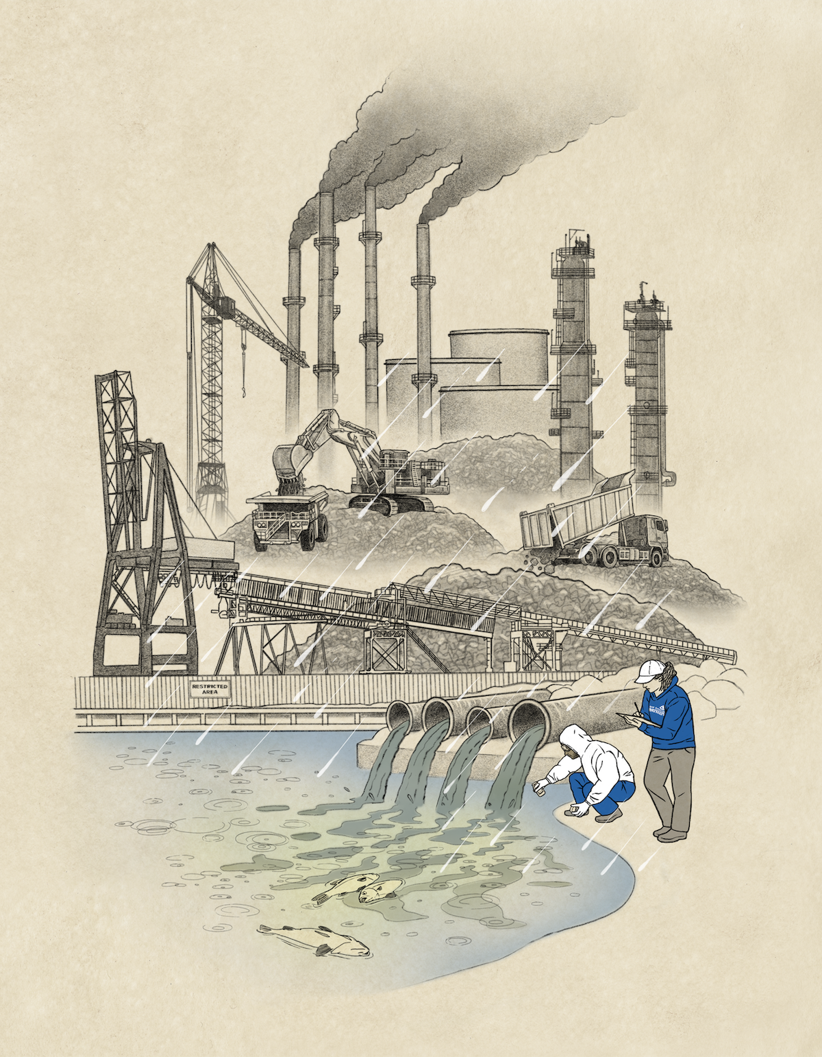 Industrial pollution site with volunteers testing the water quality