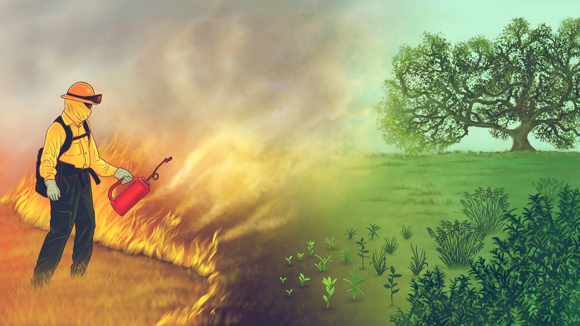 A person administering a prescribed fire which leads to ecosystem health and increased biodiversity