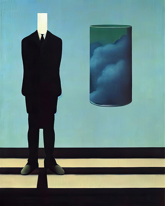 The image titled "Drunk" by Bob Orsillo is a surrealistic piece that features a figure in a black suit with a rectangular white block for a head, standing on steps. To the right, there's a glass container filled with a cloud-like substance. The background's muted blue and green tones enhance the dreamlike quality of the artwork. The faceless figure and the cloud in the jar evoke a sense of mystery and altered perception, aligning with the surrealist aim to explore the unconscious mind.