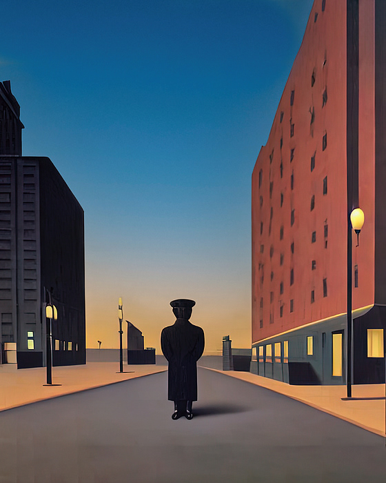 Bob Orsillo's "Sea Captain" is a surreal painting that depicts a lone figure in a sea captain's uniform standing on a desolate street. The painting evokes feelings of isolation, introspection, and the subconscious mind.