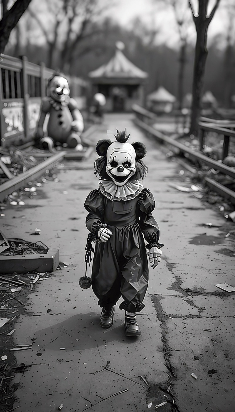 A person dressed in a clown costume is walking on an old, abandoned park pathway, while holding something in their hand. Behind them, the blurred background features another character and a carousel, contributing to a spooky or abandoned amusement park atmosphere. Looking For My Teddy Bear. Black and white by Bob Orsillo. Copyright(c)Bob Orsillo All Rights Reserved.