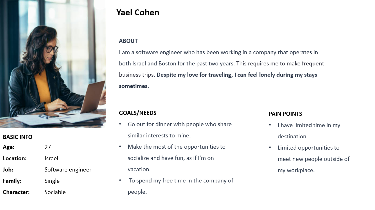 The first is Yael, works as a software engineer and frequently travels for business. She is friendly and enjoys traveling, but sometimes feels lonely during her stays abroad due to lack of time and opportunities to meet people.
