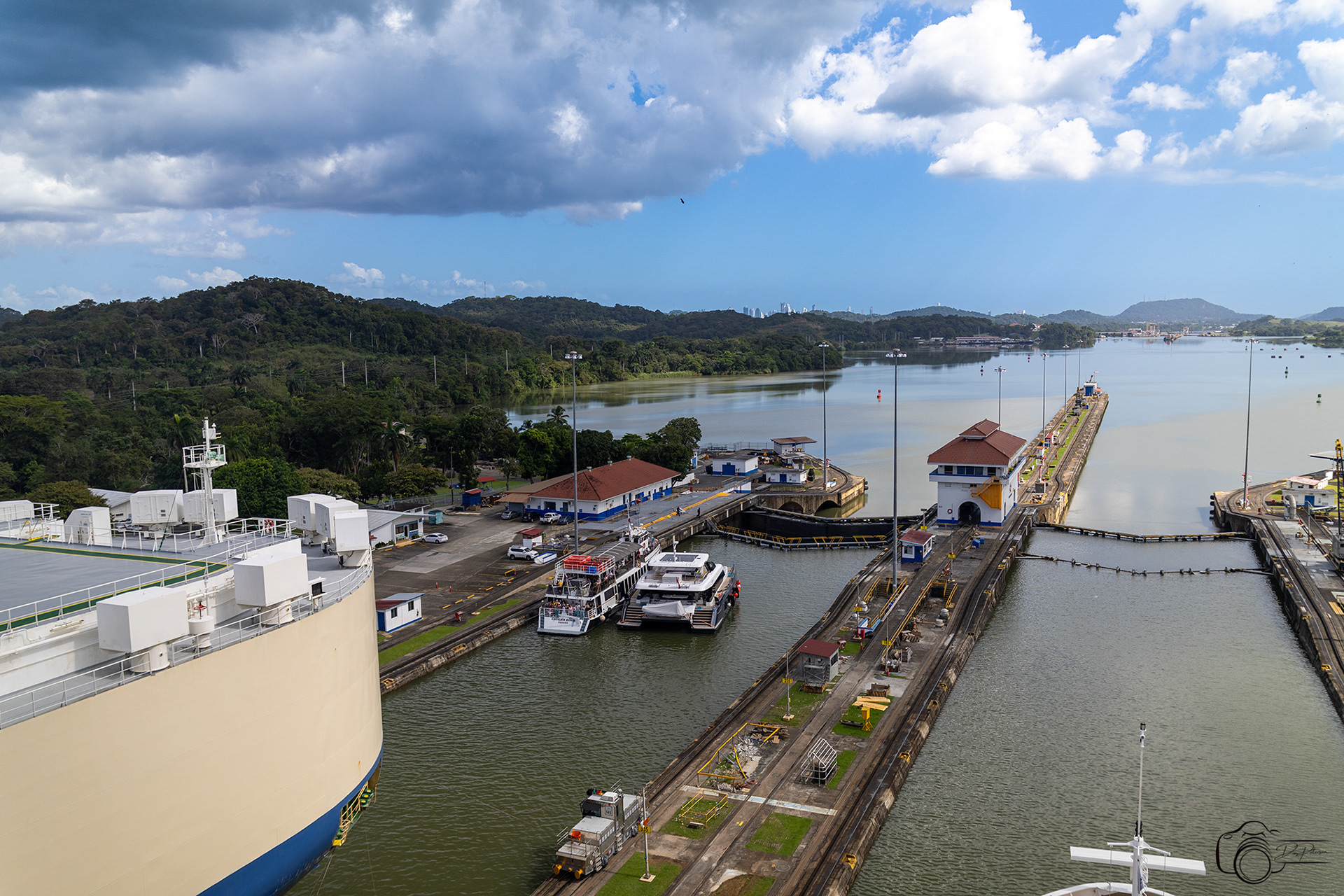 Pedro Miguel Locks  with  and Tour Boats Ship Exiting 