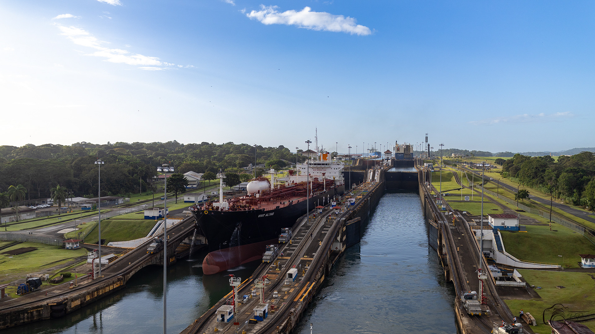 Gatun Locks with ship exiting