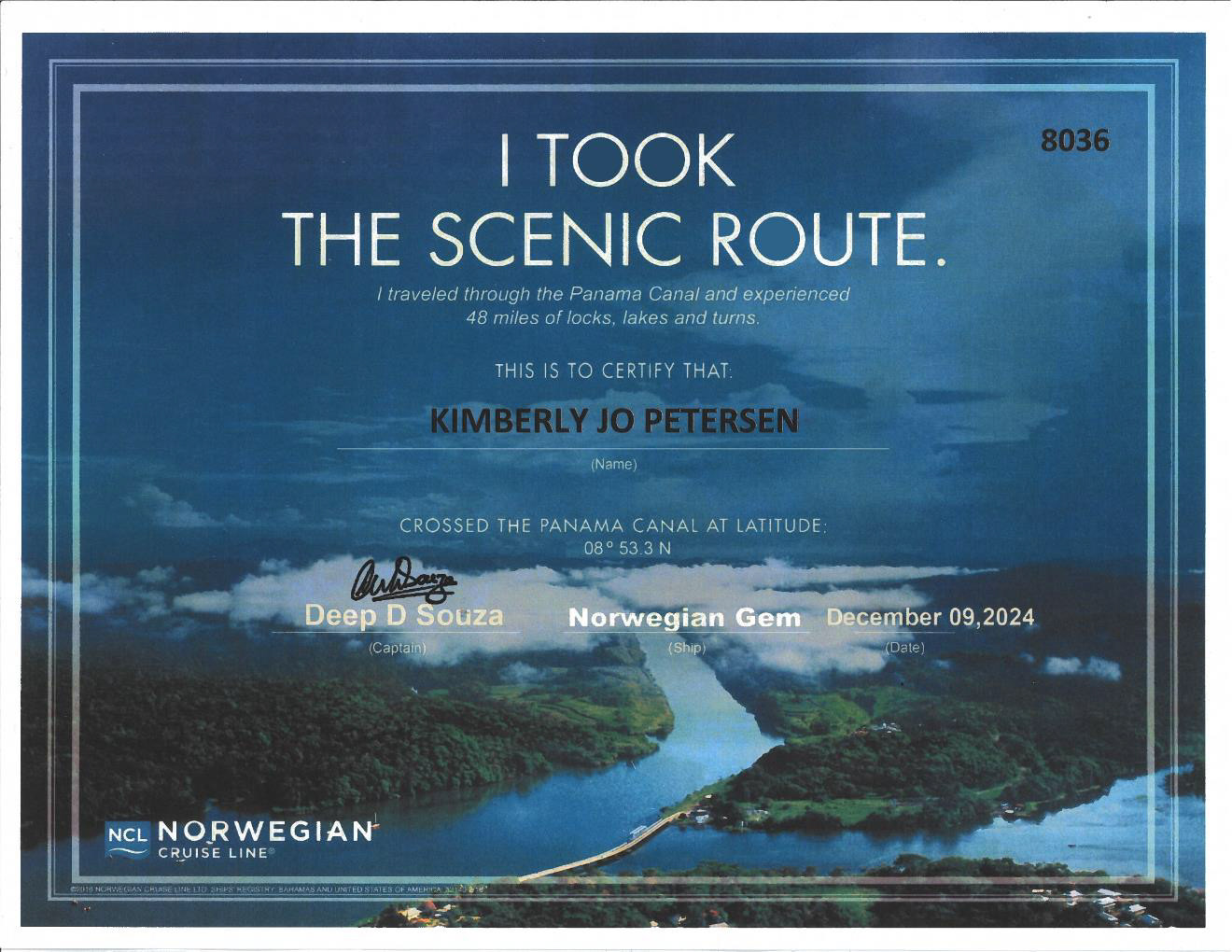 Certificate of Transiting Panama Canal Provided by Cruise Line
