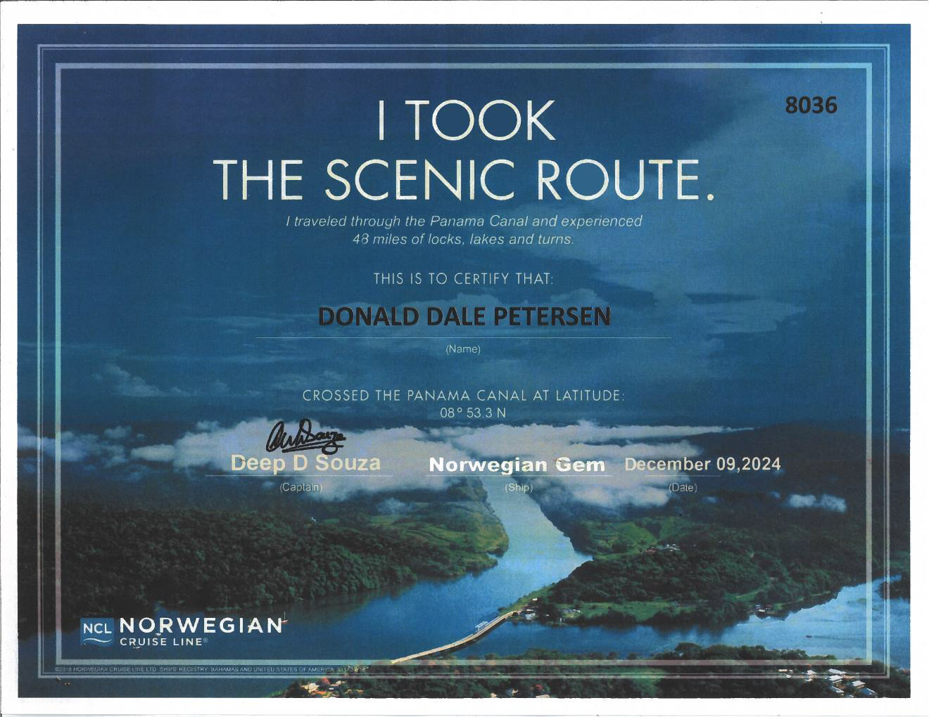 Certificate of Transiting Panama Canal Provided by Cruise Line