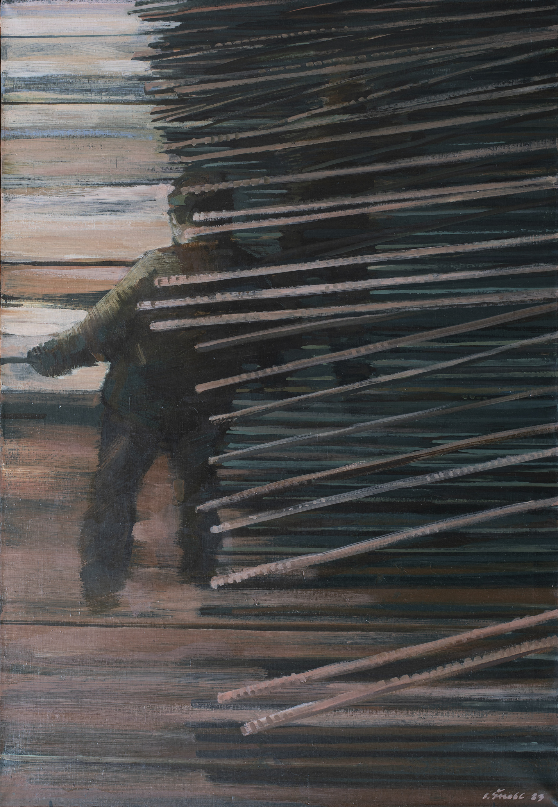 Stavba II, 1983, olej na plátně, 90 × 130 cm / ve sbírce Alšovy jihočeské galerie. Obraz znázorňuje stavbu Barrandovského mostu v Praze.