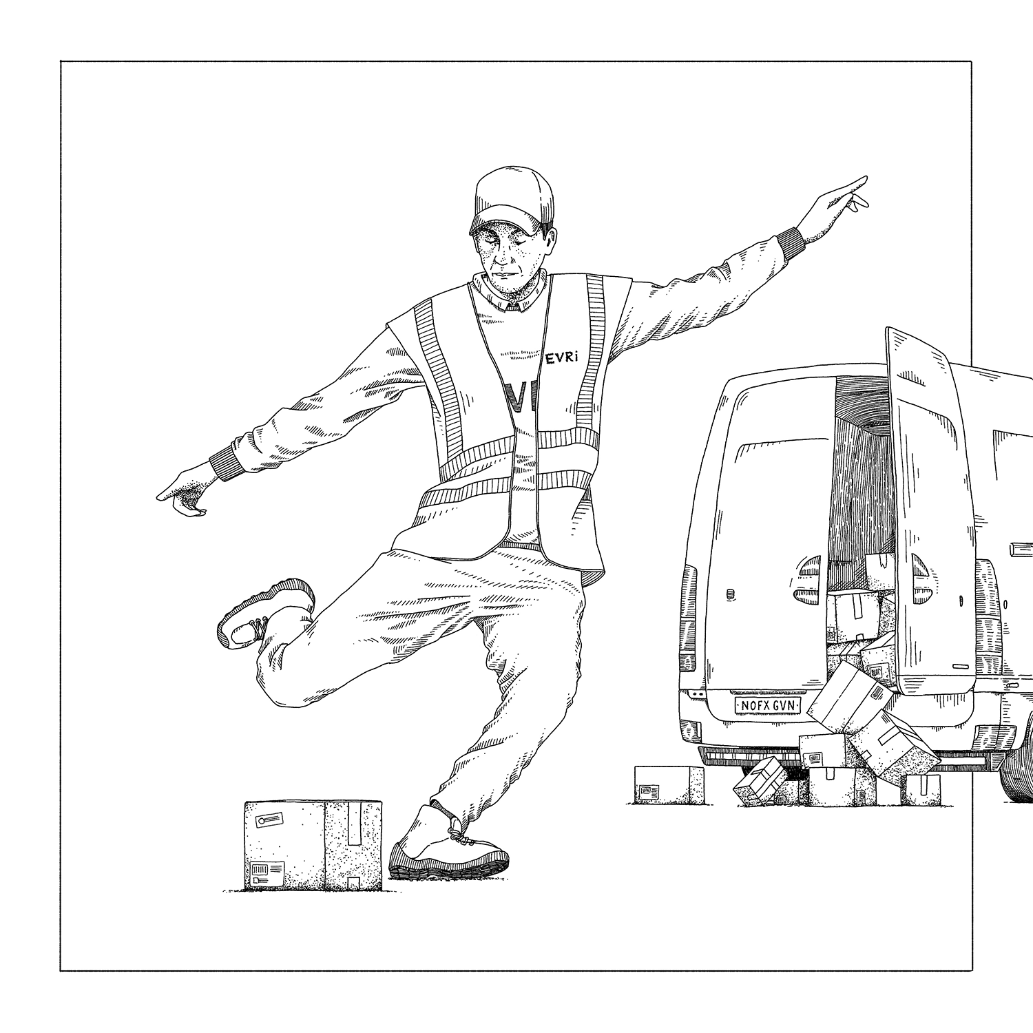 A sardonic editorial illustration of a parcel delivery driver about to kick a parcel like a football, with a delivery van in the background and several parcels spilled out onto the floor