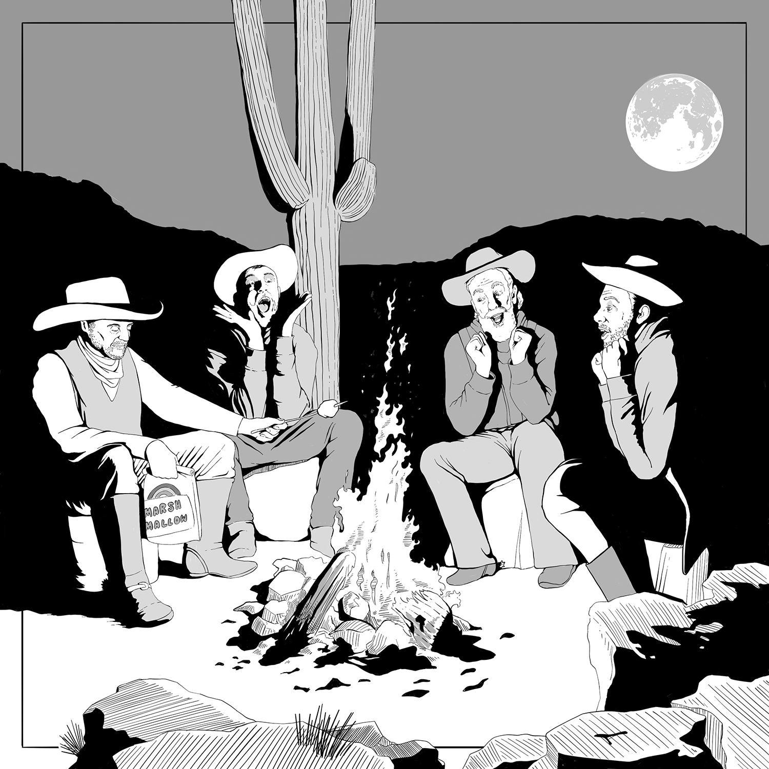A humorous editorial illustration featuring four cowboys around a campfire, with one roasting a marshmallow while the others react with exaggerated, overly emotional excitement