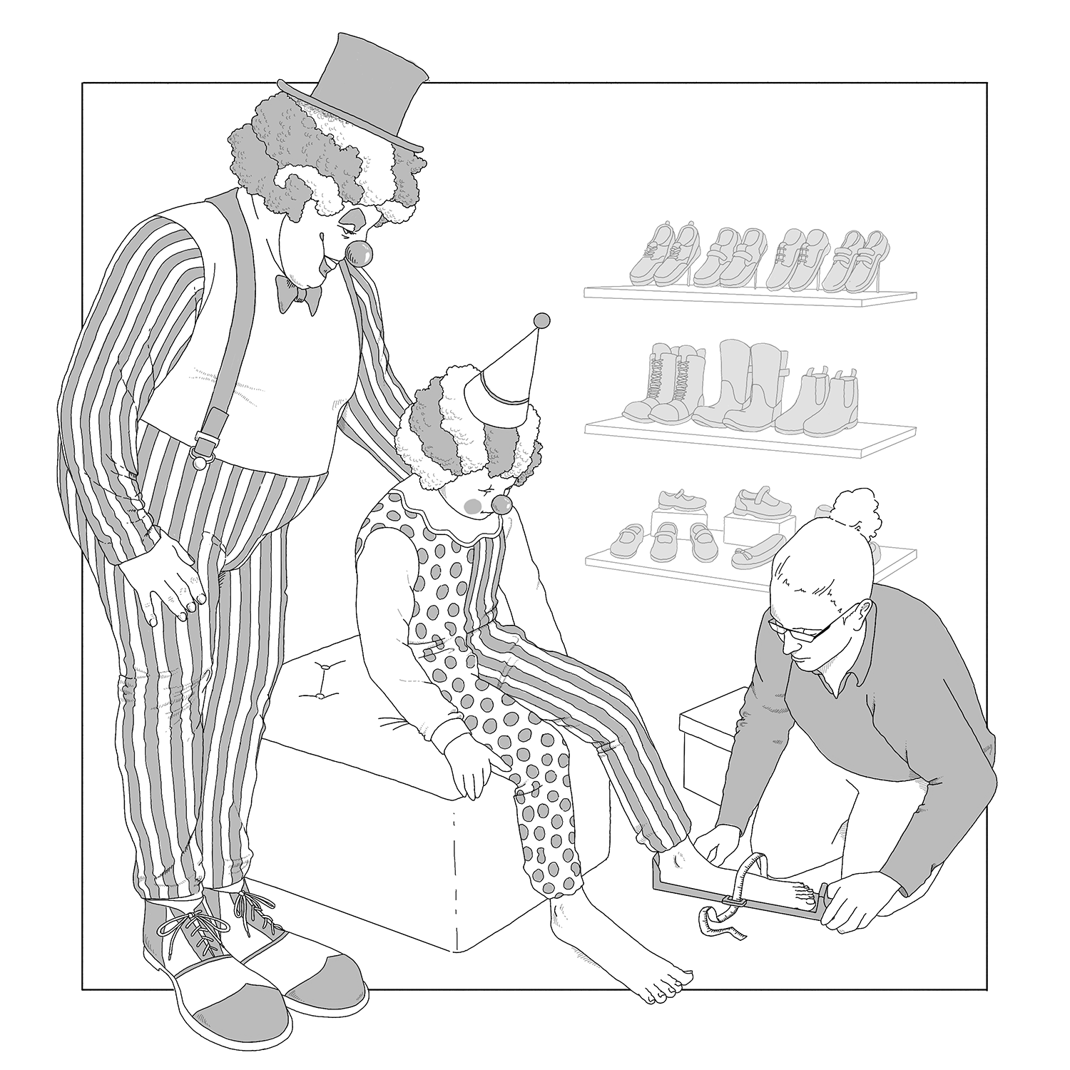 A humorous editorial illustration showing a child with freakishly big clown feet, enduring the yearly ritual humiliation of going to Clarks for some new school shoes