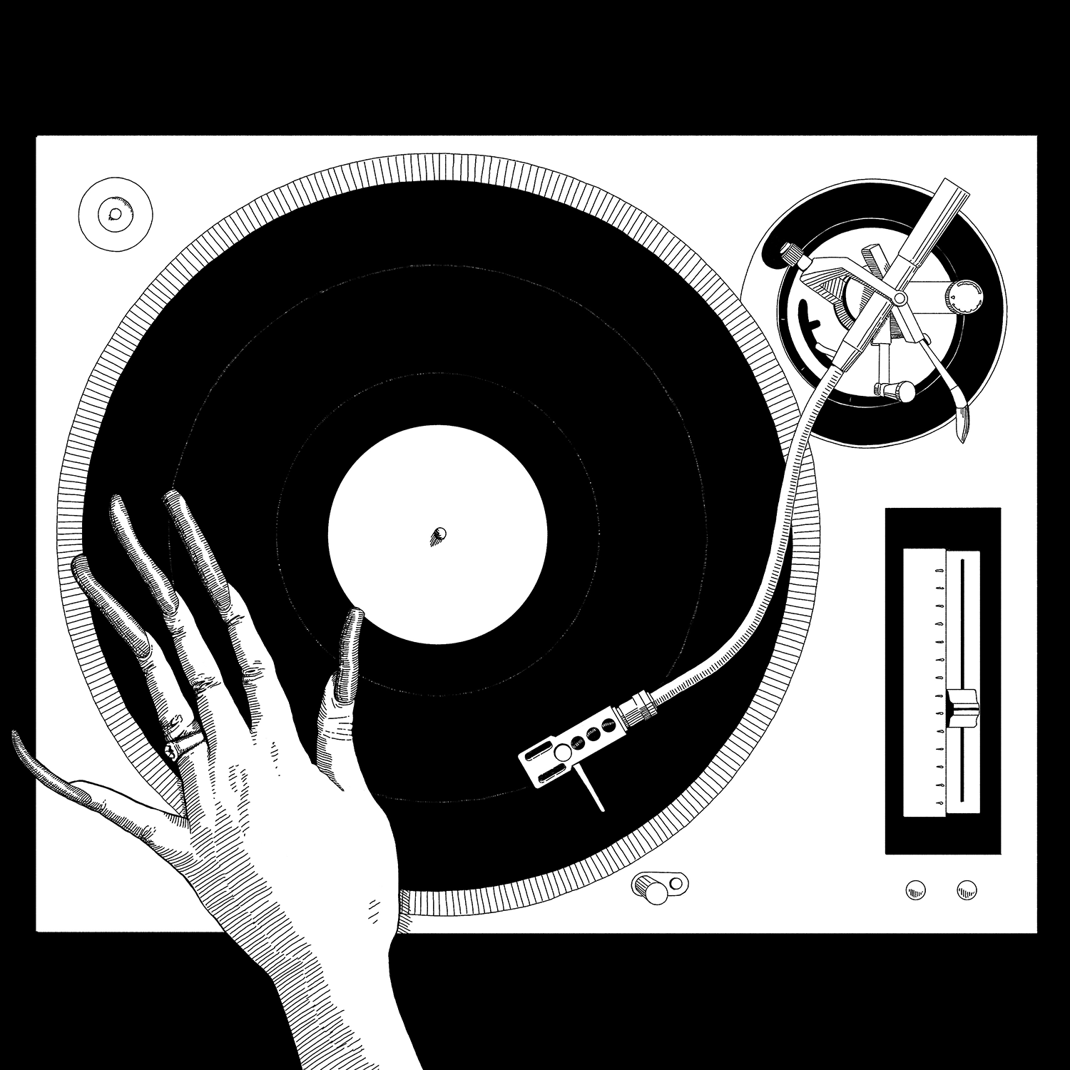 A disturbing editorial illustration showing an aerial view of a turntable with a spinning record, being scratched by a hand with excessively long fingernails