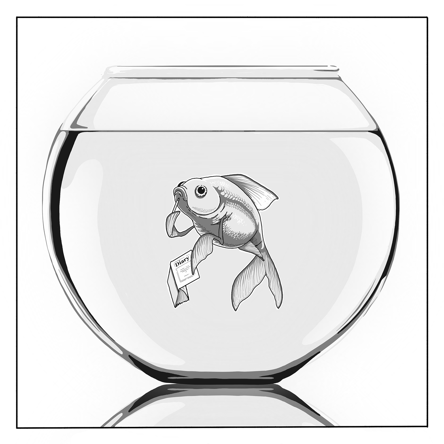A humorous editorial illustration of a goldfish in a bowl, holding a diary and pondering what to write in it