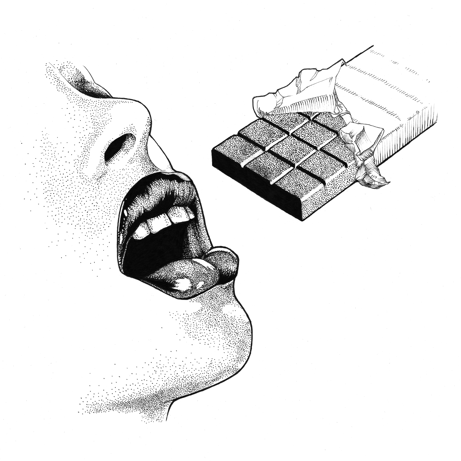Editorial illustration conveying what it feels like to have a chocolate addiction, with a woman's lips open and ready to receive an open chocolate bar.