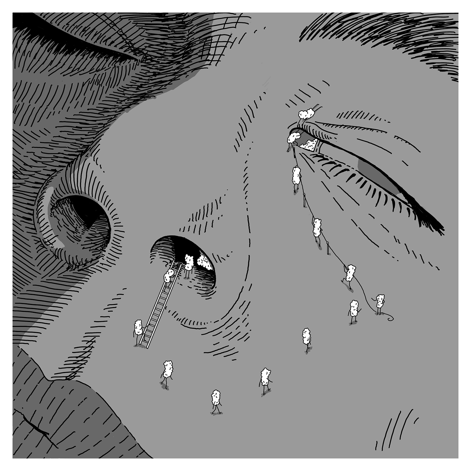 A humorous editorial illustration showing a close-up of a sleeping person's face, with tiny bogies climbing out of their nose, walking across their face, and sneaking into their eyelids