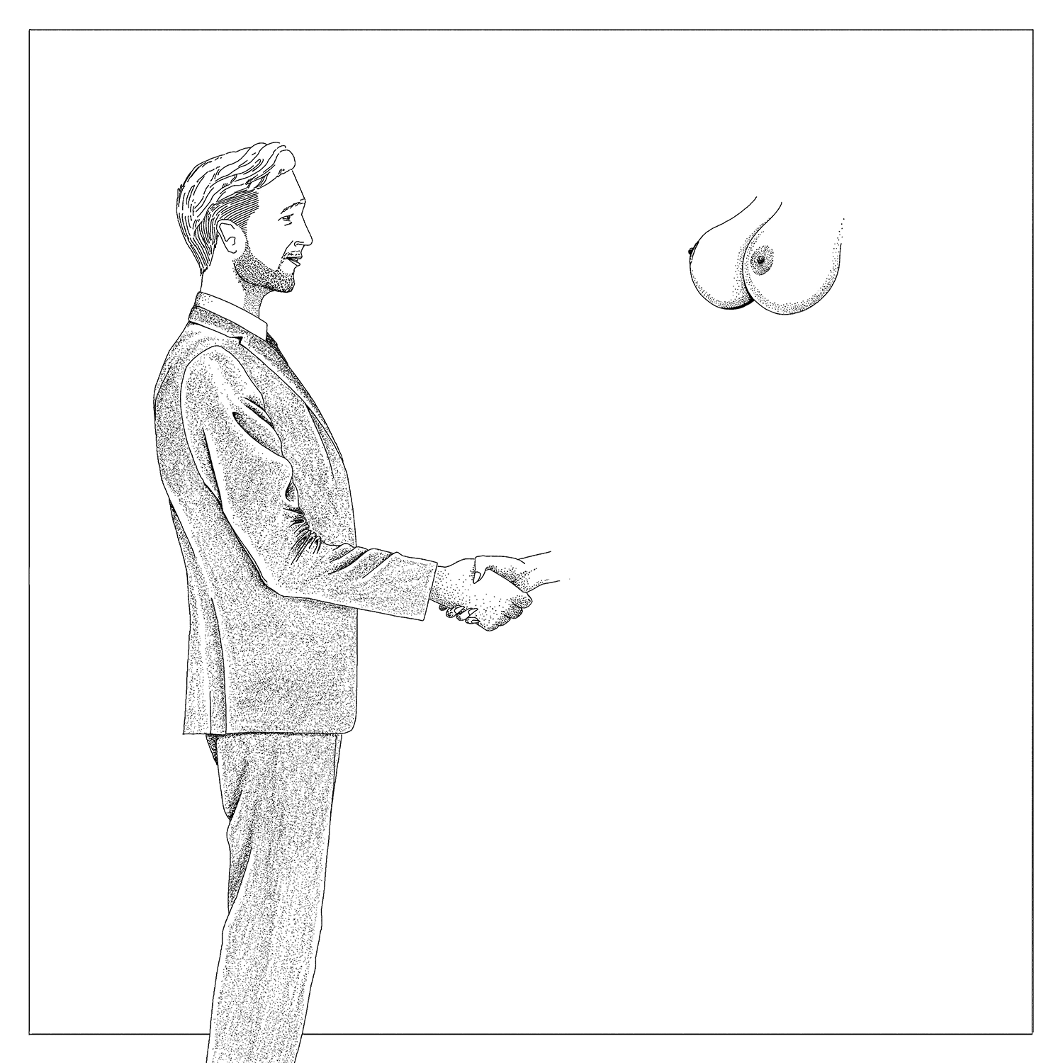 A satirical editorial illustration titled 'Opportunity,' depicting a businessman shaking hands with a woman whose body is invisible except for her head, which has been replaced by her naked breasts