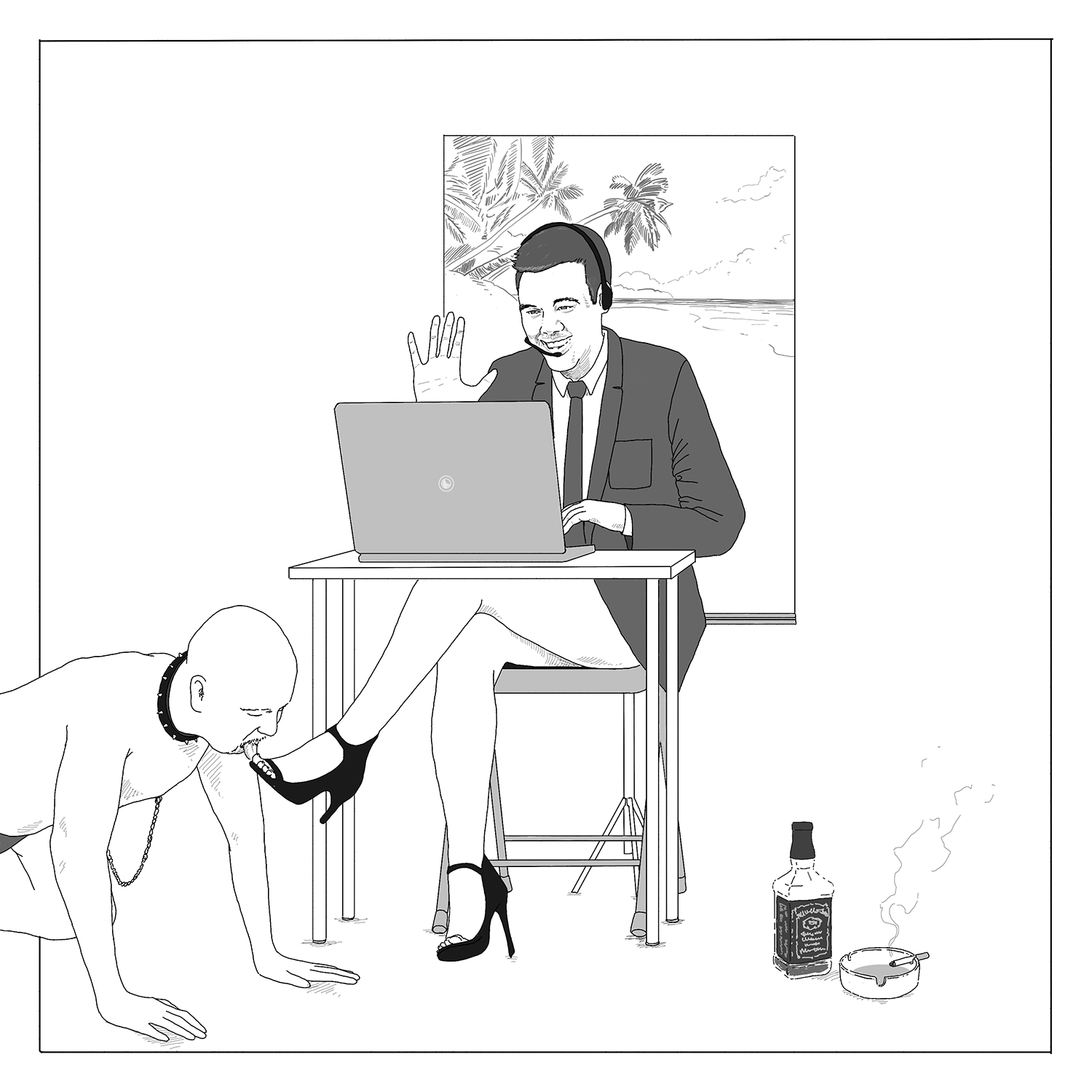 A satirical editorial illustration titled 'Remote Work,' showing a man in a suit jacket on a video call with a fake palm tree backdrop, while out of view of the camera, a semi-naked bald slave man licks his toes, alongside an open bottle of Jack Daniels and a lit cigarette in an ashtray.
