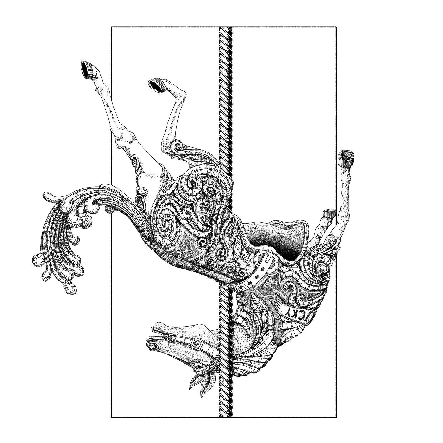 A satirical editorial illustration commenting on the treatment of horses in events like the Grand National, showing a carousel horse upside down and in distress.