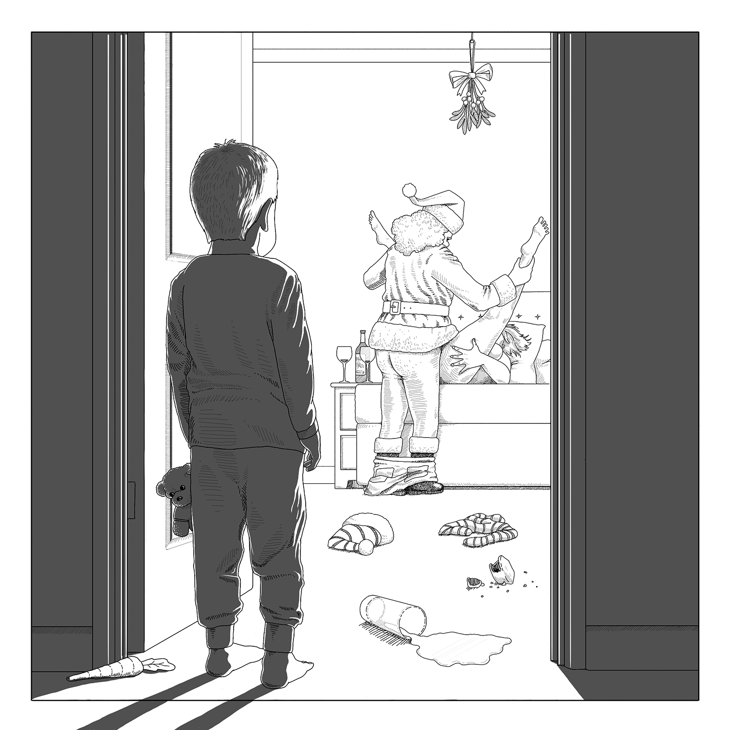 A darkly humorous editorial illustration of a child standing in their parents' open doorway late on Christmas eve, catching 'Santa' in a compromising position with his mother