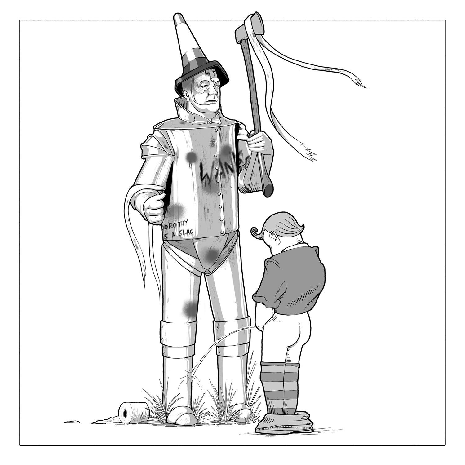 A darkly humorous editorial illustration of the Tin Man, rusted and covered in graffiti and toilet roll, while a munchkin urinates at his feet.